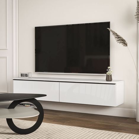 Wandmontiertes TV-Möbel mit Schrank, für Fernseher bis zu 70 Zoll, Hochglanzlackierung, weiß