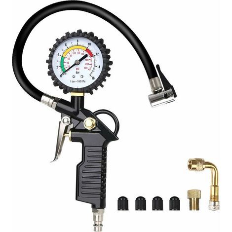 Manometre Pression Pneu, Numérique Manomètre Pneu, Pistolet de Gonflage Manomètre Avec 4 Bouchons de Valve//un Adaptateur de Buse à Air Français//une Tige de Rallonge en Métal de 90 Degrés-- (1/5)