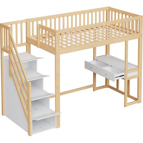 CAIziLit mezzanine 90x200 cm en pin blanc avec bureau, échelle rangement (1/5)