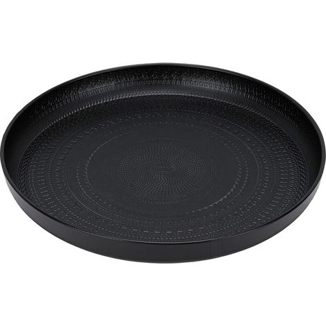 Plateau rond avec bord surélevé, design vintage en relief, fer épais plaqué, plateau décoratif antirouille de 34 cm pour la décoration de la maison, centre de table de cuisine, noir (1/5)