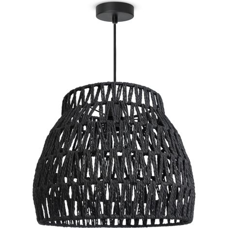 Paco Home Pendellampe LED Hängeleuchte Wohnzimmer Schlafzimmer Esszimmer Schirm Papier E27 Pendelleuchte - Schwarz, Schwarz (Ø35cm)