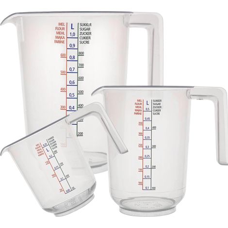 Lot de 3 tasses doseuses – 1000 ml, 500 ml, 250 ml – incassable, bec verseur gradué transparent et empilable avec poignée – Plastique PP alimentaire – pour farine, sucre (1/5)