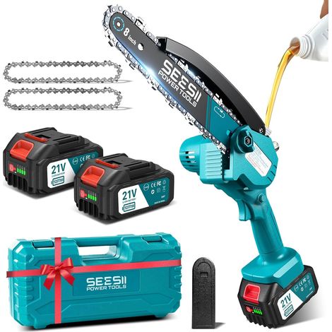 8 Pouces Mini Tronçonneuse à Batterie 2x4000mAh Tronçonneuse Électrique sans Fil avec Auto-Oiler et Chaîne de Remplacement, Tronconneuse Thermique pour Jardin (1/5)