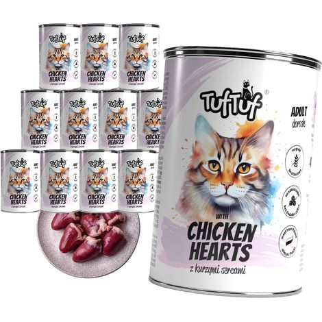 Cibo umido per gatti TufTuf, lattina di carne in scatola con cuori di pollo, 12 x 400 g. (1/2)