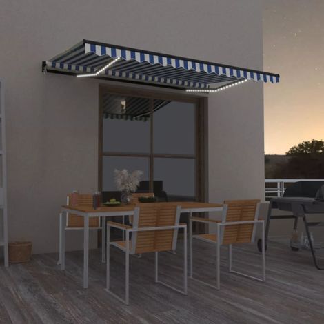 Auvent manuel Store Banne Solaire abri Marquise Brise-soleil rétractable avec LED 450x300 cm Bleu et blanc LKOWF94016 (1/5)