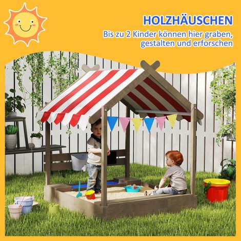 Bac à sable en bois massif traité gris avec parasol - cabane de jeu pour enfants incluant lot de jouets, dimensions 124x116x146 cm (1/4)