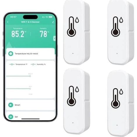 Lot de 4 thermomètres et hygromètres sans fil – Appareil intelligent Wi-Fi de mesure de la température et de l'humidité avec application, notifications et surveillance à distance (blanc) (1/5)