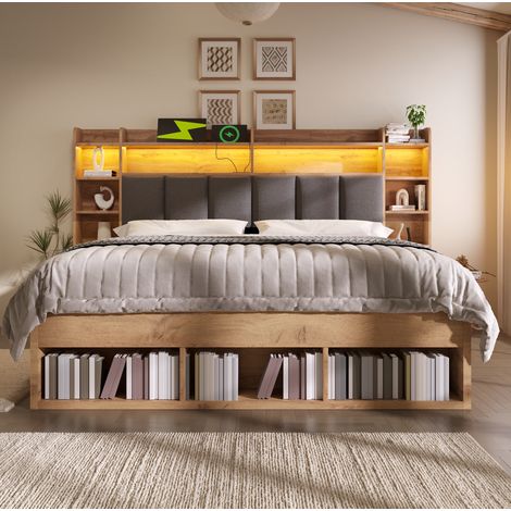 Cama doble 160x200 con LED USB y almacenaje extra roble OKMYHOME (1/5)