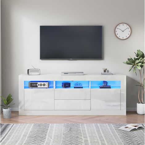 Mueble para TV de aglomerado blanco brillo 160 x 35 x 60 cm con LED Bluetooth, 3 huecos, 2 puertas y 2 cajones (1/5)