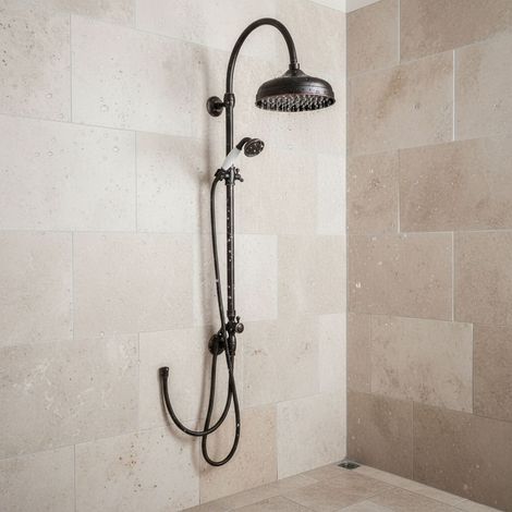 Système de douche PaulGurkes Retro Noir Nostalgie Ensemble de douche mural 25cm Douche pluie (1/5)