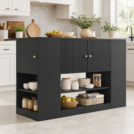 Îlot de cuisine 140x40x90 cm en MDF noir, avec rangement modulable pour cuisine FloraGrace (1/5)