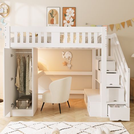 Lit mezzanine bois 140x200 cm avec bureau, LED multicolore, tiroirs de rangement et armoire, échelle sécurisée et garde-corps, blanc