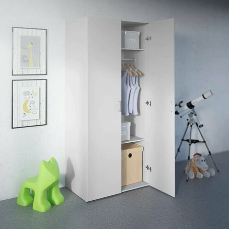 Dmora – Garde-robe 2 portes battantes blanche – 2 étagères internes – Tringle à vêtements – Dimensions 77x49x175 cm – Emballage renforcé (1/6)