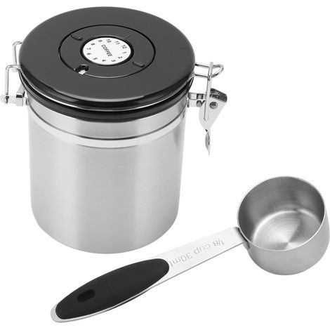 Boîte de conservation pour grains de café en acier inoxydable, hermétique, avec cuillère doseuse de 30 ml et fonction de suivi de la date. Capacité : 1,5 L. Couleur : [insérer la couleur]. (1/5)