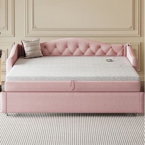 Letto bambini 90x200 cm con letto aggiuntivo 90x190 cm, porta USB e rete a doghe, in lino, senza materasso, rosa (1/5)