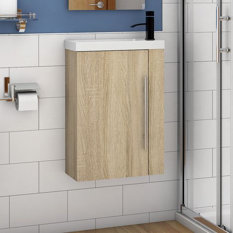Wall Hung Cloakroom Sink Vanity Unit Oak Small 440mm Door Furniture