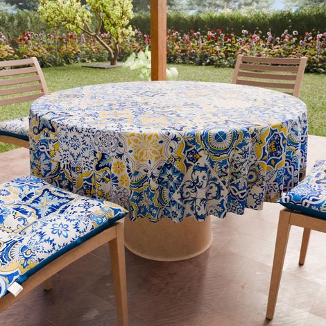 Nappe Ronde Anti-Tache Microfibre Diamètre Ø 240 cm Nappes en Tissu de Cuisine pour Table Ronde Motif Vietri 02 Bleu 100% Fabriqué en Italie (1/5)