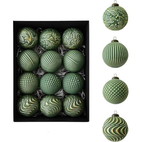 - Lot de 12 boules de Noël style antique 8 cm - Décorations suspendues pour arbre de Noël en plastique vintage pour intérieur, maison ou vitrine de magasin - Affichage saisonnier (Vert) (1/5)