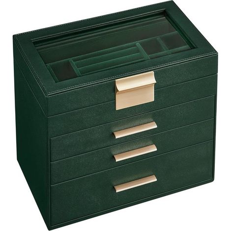 Schmuckkästchen mit 4 Fächern, Glasdeckel, 3 Schubladen für Sonnenbrillen, modernes Aufbewahrungskästchen in Waldgrün (1/4)