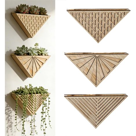 Lot de 3 jardinières murales triangulaires pour plantes d'intérieur – décoration murale, étagère flottante en matière naturelle (1/5)