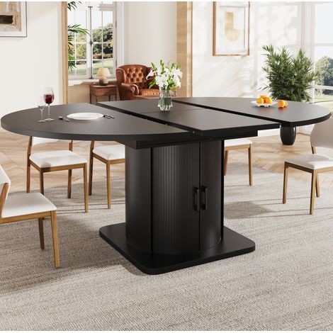 Mesa de comedor extensible negra, redonda convertible en ovalada, 118 a 158 cm, con almacenamiento, hasta 6 personas