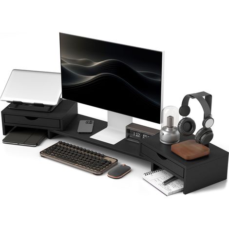 Rehausseur Écran PC Bureau, Support d'Écran d'Ordinateur de 60-116 cm avec 2 Tiroirs, Longueur et Angle Réglables Noir (1/5)