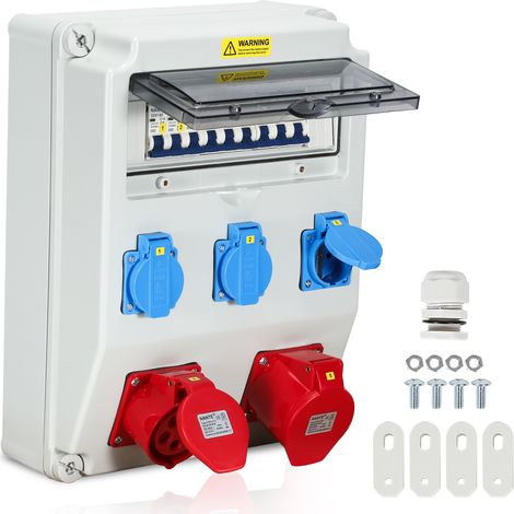 Randaco – Coffret provisoire distributeur de courant mural avec disjoncteur – 1 prise CEE-32A 400V – 1 prise CEE-16A 400V – 3 prises Schuko 230V – IP44 étanche