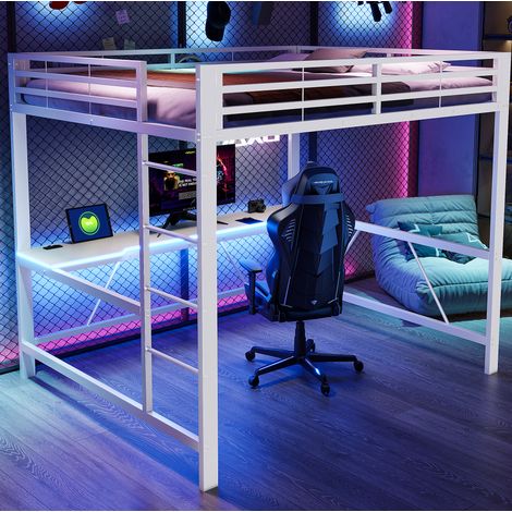 Lit mezzanine 160x200 cm métal blanc avec bureau, gain de place pour chambre, sans matelas – MEUBLIV (1/5)