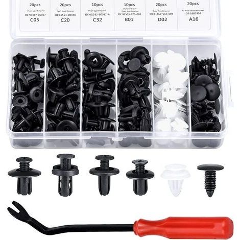 100Pcs Rivet Clips Accessoires équipement intérieur Voiture Rivets en Plastique Attaches de Protection en Plastique, 6 Formes et Tailles, avec Boîte de Rangement (Noir, Blanc) (1/5)