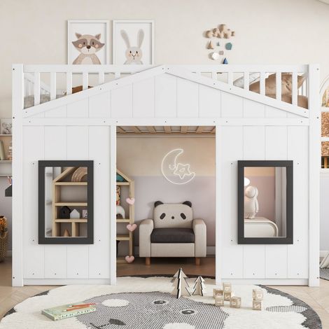 Lit superposé 90x200cm - lit cabane Enfant en Bois Certifié EN747 avec Fenêtres et Échelle – Style Maisonnette – Blanc (1/5)