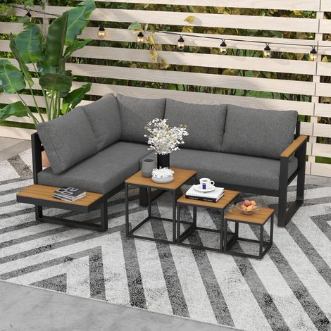 Outdoorsitzgruppe 5-teiliges Loungemöbelsicht Gartenmöbelset, 148 cm x 61 cm x 71,5 cm, Grau + Natur