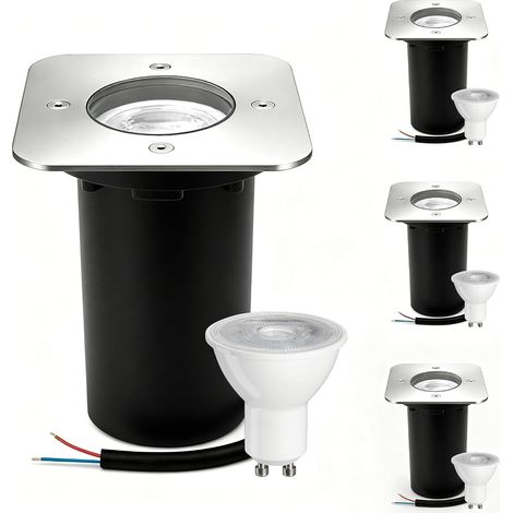 Spot Encastrable Exterieur IP67 étanche 230 V, Argent 4 Pack  Acier Inoxydable Spot LED Extérieur avec Ampoule LED GU10 5 W 3000K Blanc chaud, Spot Carré Encastrable (1/5)