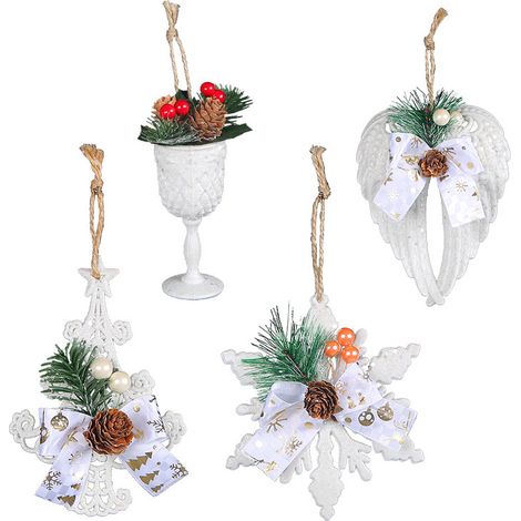 Ensemble de 4 décorations de Noël créatives (verre à vin, ailes, sapin et flocon de neige), ornement suspendu en forme de pomme de pin et de baies rouges, décoration de Noël à suspendre à la fenêtre. (1/2)