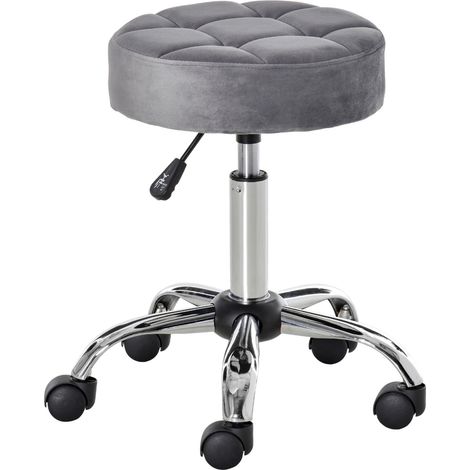 Tabouret de salon réglable en hauteur avec roulettes, revêtement effet velours gris, base chromée, 35x35x49-61 cm (1/5)