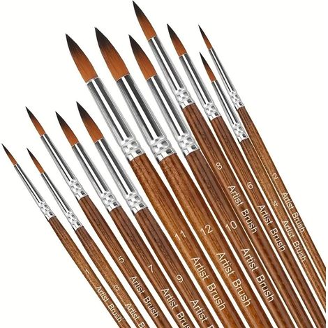 12 pièces pinceaux artistes, pointes en nylon, manche en bois, formes rondes, idéaux pour aquarelle et acrylique (1/4)