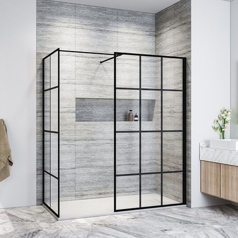 ELEGANT Black 1000mm Walk in Shower Screen + 700mm Side Panel+ 1600x700mm Anti-Slip Resin Shower Tray + Striped Stainless steel drain cover (1/5)