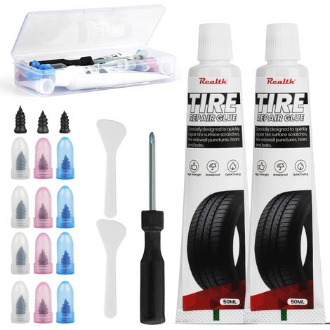 Colle Pneu Voiture 100ml avec 20Pcs Clous de Réparation de Pneus Noire, Colle Réparation Pneu Voiture, Noire Colle Meche Pneu, Kit Reparation Pneu pour Voiture Vélo Moto (1/5)