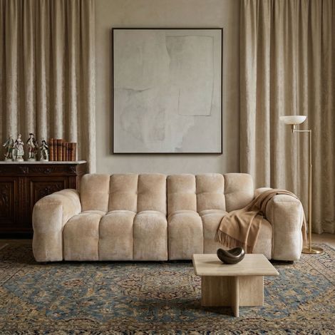 Canapé 3 places 264x102x84 cm en velours beige et bois de pin
