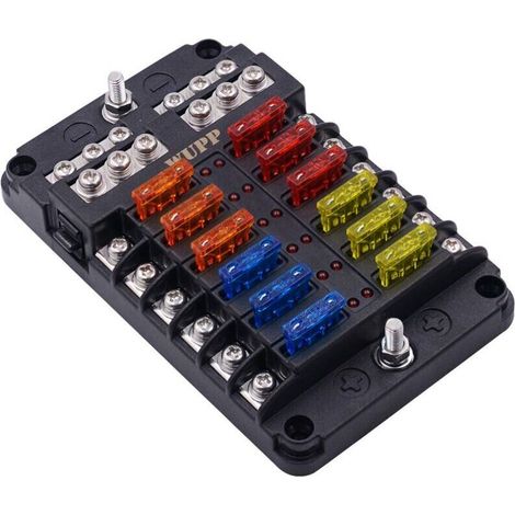 Boat Fuse Block, Marine Fuse Panel with LED Warning Indicator, Moisture-Resistant Cover – 12 Circuits with Negative Bus Fuse Box Bracket for Car (1/5)