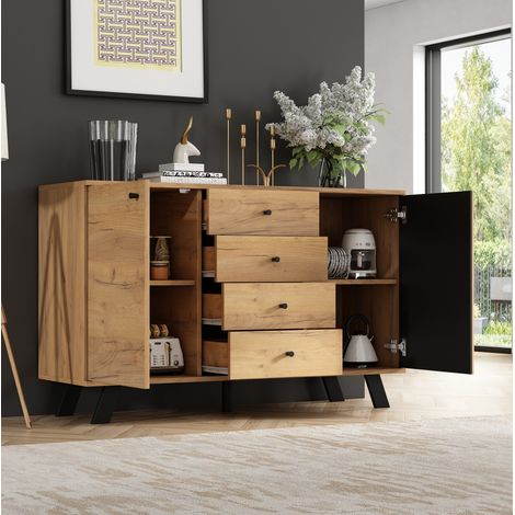 Sideboard 120x38x75 cm schwarz und natur MDF mit 4 Schubladen, 2 Schränken und Massivholzbeinen (1/5)