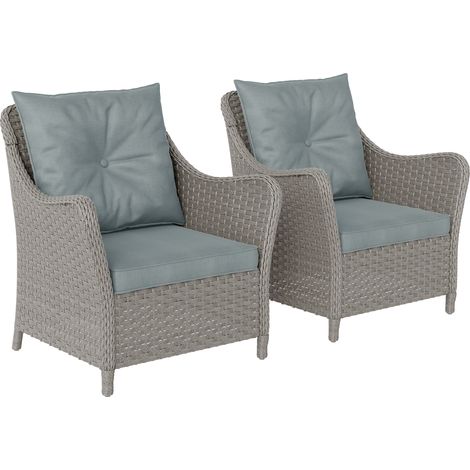 Outsunny Rattan Garden Chairs Set of 2, Outdoor Rattan Chairs with Cushions, Armrests and High Back, PE Wicker Garden Armchair with Steel Frame for Balcony, Porch, Light Grey