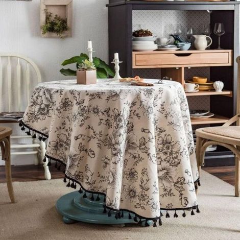 150 cm Ronde Nappe imprimée Rose Bleue, Nappe Pastorale en Coton et Lin, Couverture de Table Ronde rétro pour Table à Manger, fête, décoration