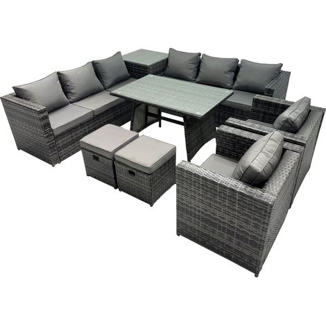 Fimous Outdoor Corner Sofa Chair Dining Table Set Garden Rattan Furniture Set 10 Seater with 2 Small Stool Side Table Dark Grey (1/5)