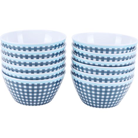 12 Pièces Bols à Salade 6 Pouces, Vaisselle de Service Imitation Porcelaine, Motif Quadrillage Bleu Foncé
