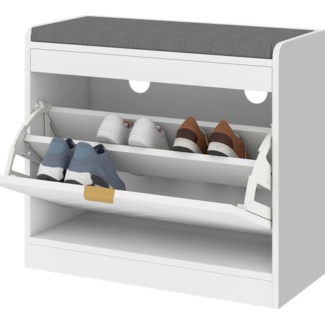 Banc à chaussures, banc de rangement, assise rembourrée, tiroir rabattable, porte avec motif 60 x 26 x 52,5 cm, blanc (1/5)
