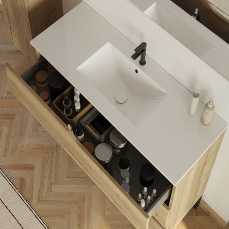 Meuble de salle de bain 100cm simple vasque - sans miroir - 3 tiroirs - madera miel (bois clair) - MATA — vue 2