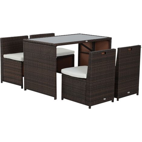 Ensemble de meubles de jardin 5 pièces en polyrotin, table, 4 chaises pliantes avec coussins, rangement intégré, pour balcon et jardin, marron et kaki (1/5)