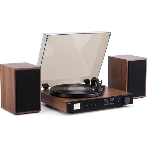 PR-102 Platine Tout-en-Un avec Enceintes de Bibliothèque, Plateau en Aluminium Platine Vinyle sans Fil à 2 Vitesses, Bras de Lecture en Fibre de Carbone, Cartouche AT-3600L MM, Radio Dab+/FM (1/5)