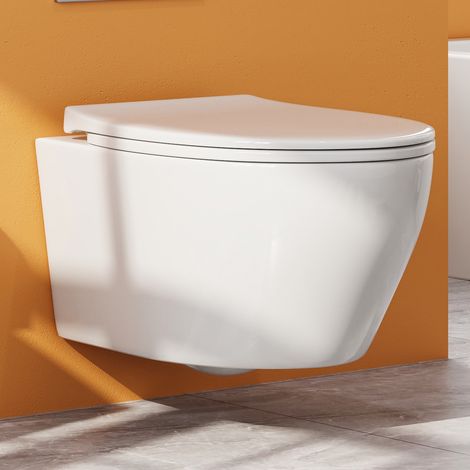 Horow – Cuvette WC suspendue sans rebord – en céramique blanche – abattant à fermeture douce – rinçage innovant – montage mural – design moderne (1/5)