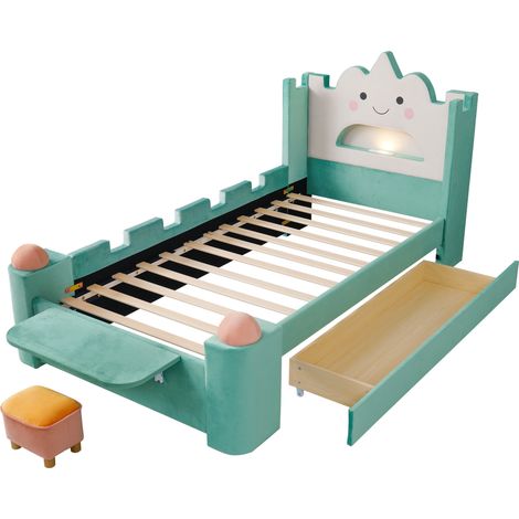 Cama infantil tapizada nube 90x200 cm con luz LED, USB, cajón y estante abatible (1/5)